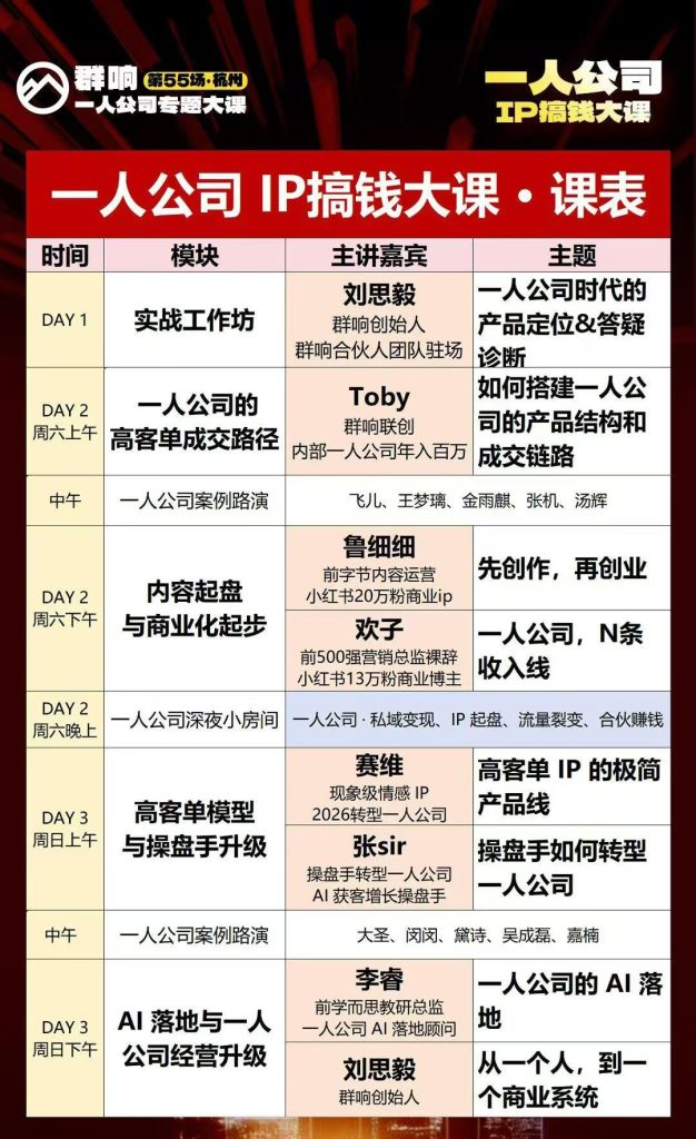 群响2026一人公司IP搞钱大课扬州站5.15-16-17(价值2980元)