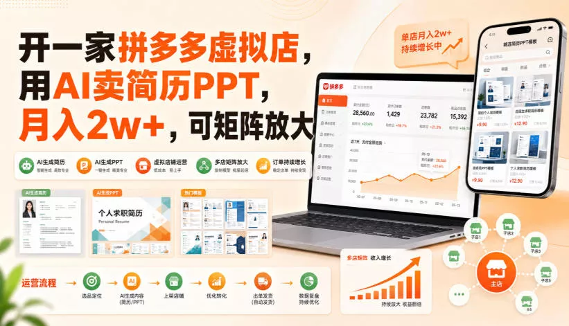 开一家拼多多虚拟店,用AI卖简历PPT,月入2w+,可矩阵放大【揭秘】 开一家拼多多虚拟店,用AI卖简历PPT,月入2w+,可矩阵放大【揭秘】