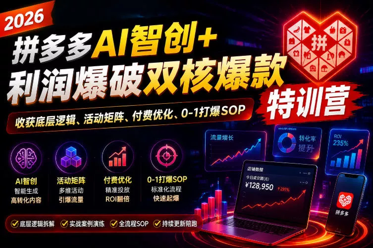 2026拼多多AI智创+利润爆破双核爆款特训营，收获底层逻辑、活动矩阵、付费优化、0-1打爆SOP(更新0727)-卓越网创