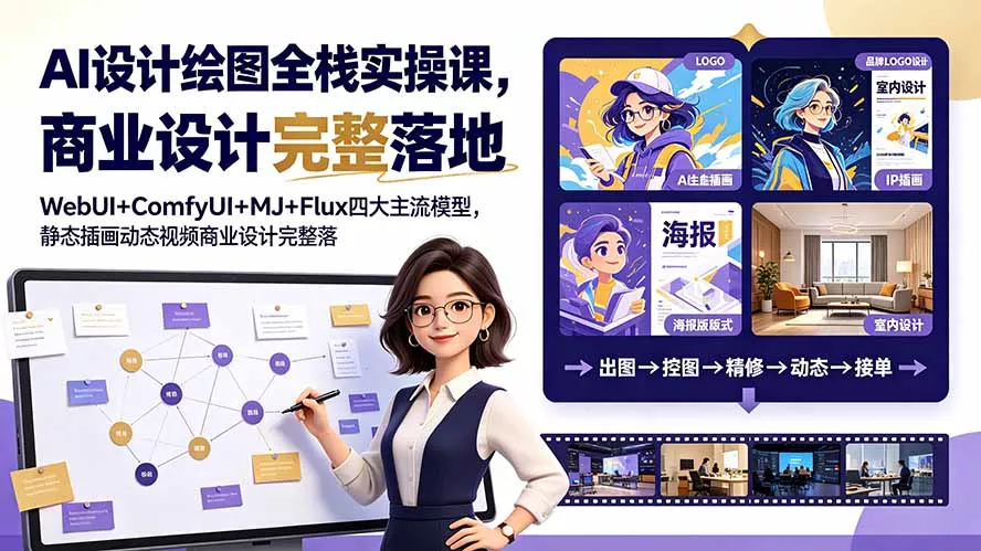 AI设计绘图全栈实操课,WebUI+ComfyUI+MJ+Flux四大主流模型,静态插画动态视频商业设计完整落地教程 AI设计绘图全栈实操课,WebUI+ComfyUI+MJ+Flux四大主流模型,静态插画动态视频商业设计完整落地教程