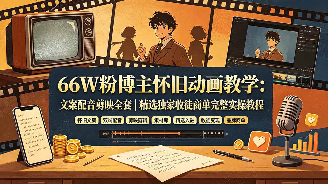(19499期)66W粉博主怀旧动画教学:文案配音剪映全套|精选独家收徒商单完整实操教程 (19499期)66W粉博主怀旧动画教学:文案配音剪映全套|精选独家收徒商单完整实操教程