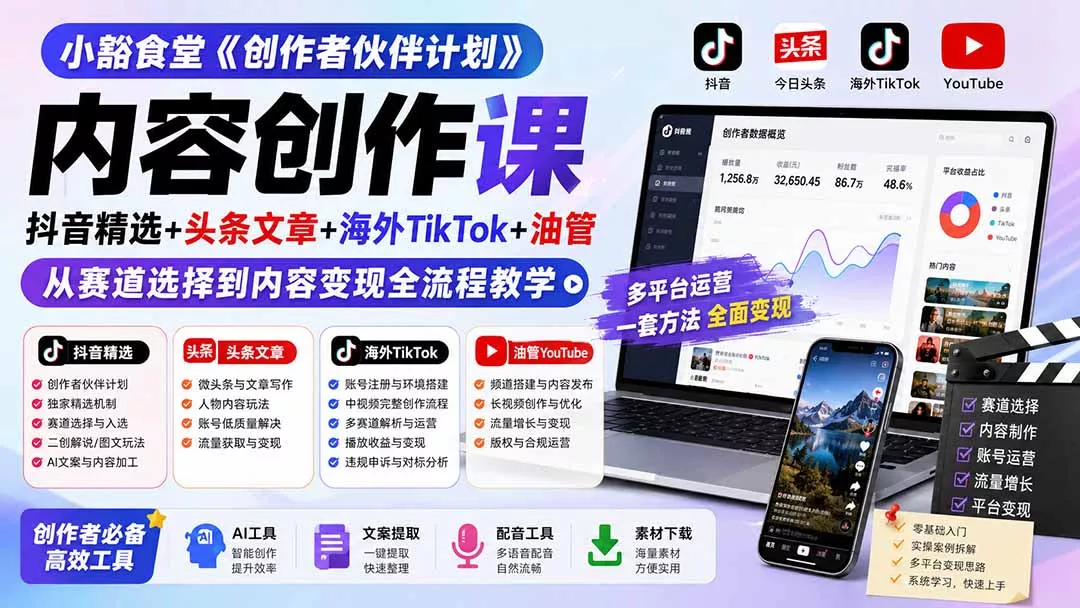 小豁食堂《创作者伙伴计划》内容创作课:抖音精选+头条文章+海外TikTok+油管,从赛道选择到内容变现全流程教学 小豁食堂《创作者伙伴计划》内容创作课:抖音精选+头条文章+海外TikTok+油管,从赛道选择到内容变现全流程教学