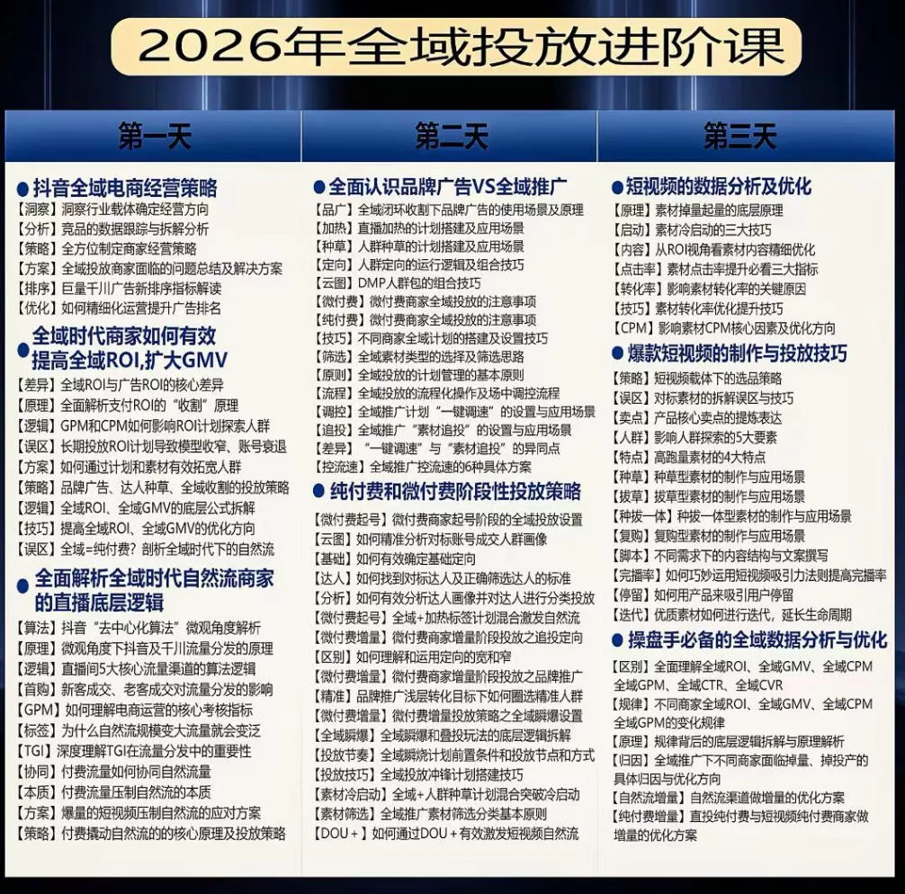 千川扫地僧2026抖音全域投放进阶课,少走弯路·快速起量·掌控增长,6月12-14号杭州线下课(更新) 千川扫地僧2026抖音全域投放进阶课,少走弯路·快速起量·掌控增长,6月12-14号杭州线下课(更新)