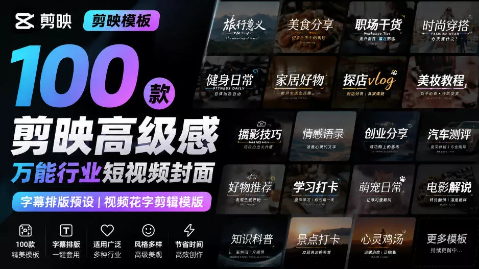 【剪映模板】100款剪映高级感万能行业短视频封面字幕排版预设视频花字剪辑模版-卓越网创