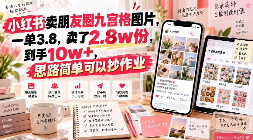 小红书卖朋友圈九宫格图片，一单3.8，卖了2.8w份，到手10w+，思路简单可以抄作业-卓越网创
