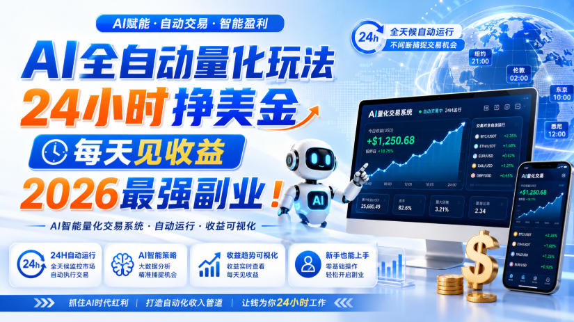 AI全自动量化玩法，24小时挣美金，每天见收益，2026最强副业！【揭秘】-卓越网创