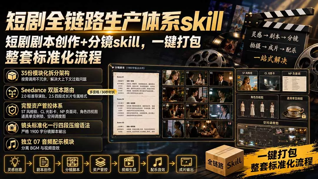 短剧全链路生产体系skill,短剧剧本创作+分镜skill,一键打包,整套标准化流程 短剧全链路生产体系skill,短剧剧本创作+分镜skill,一键打包,整套标准化流程