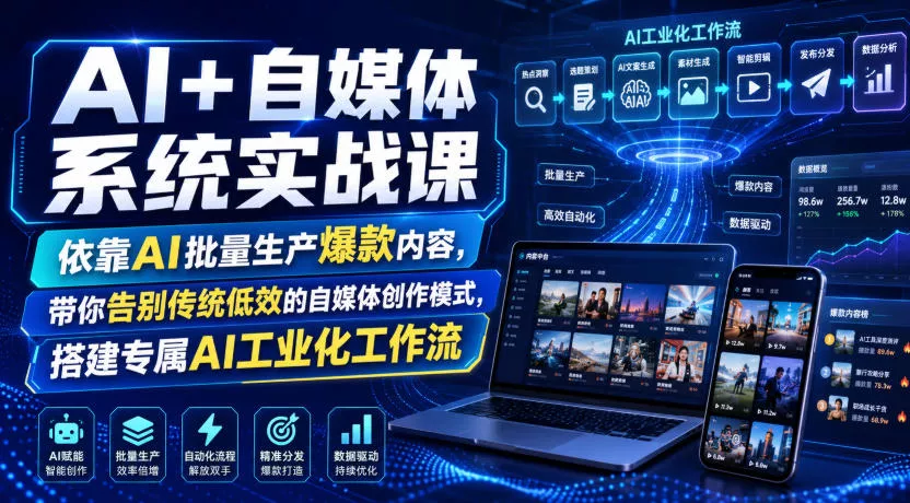 AI+自媒体系统实战课，依靠AI批量生产爆款内容，带你告别传统低效的自媒体创作模式，搭建专属AI工业化工作流-卓越网创