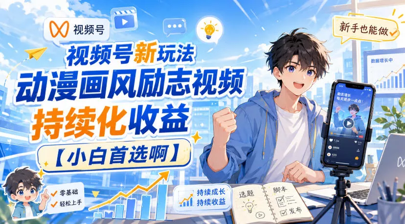 视频号新玩法动漫画风励志视频，持续化收益【小白首选啊】-卓越网创