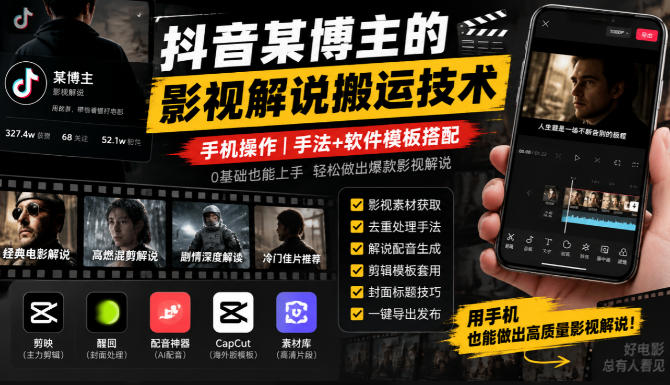 抖音某博主的影视解说搬运技术，手机操作，手法+软件模板搭配-卓越网创