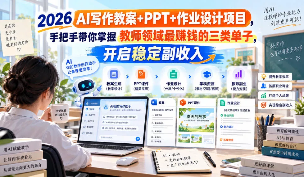 2026 AI写作教案+PPT+作业设计项目，手把手带你掌握教师领域最賺钱的三类单子，开启稳定副收入-卓越网创
