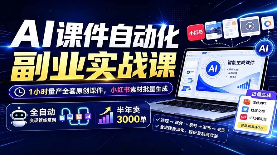 (19518期)AI课件自动化副业实战课:1小时量产全套原创课件×小红书素材批量生成×全自动变现管线×半年卖3000单 (19518期)AI课件自动化副业实战课:1小时量产全套原创课件×小红书素材批量生成×全自动变现管线×半年卖3000单