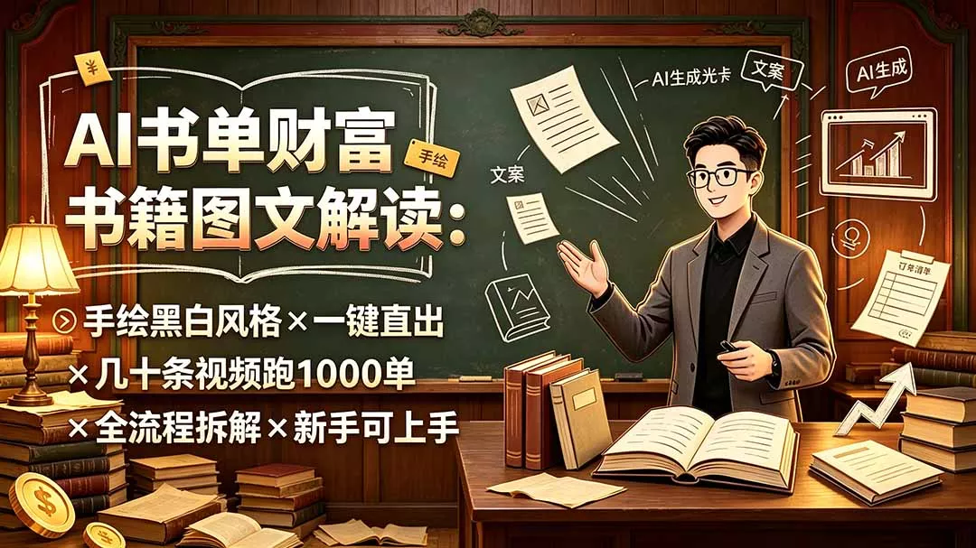 AI书单财富书籍图文解读：手绘黑白风格×一键直出×几十条视频跑1000单×全流程拆解×新手可上手-卓越网创