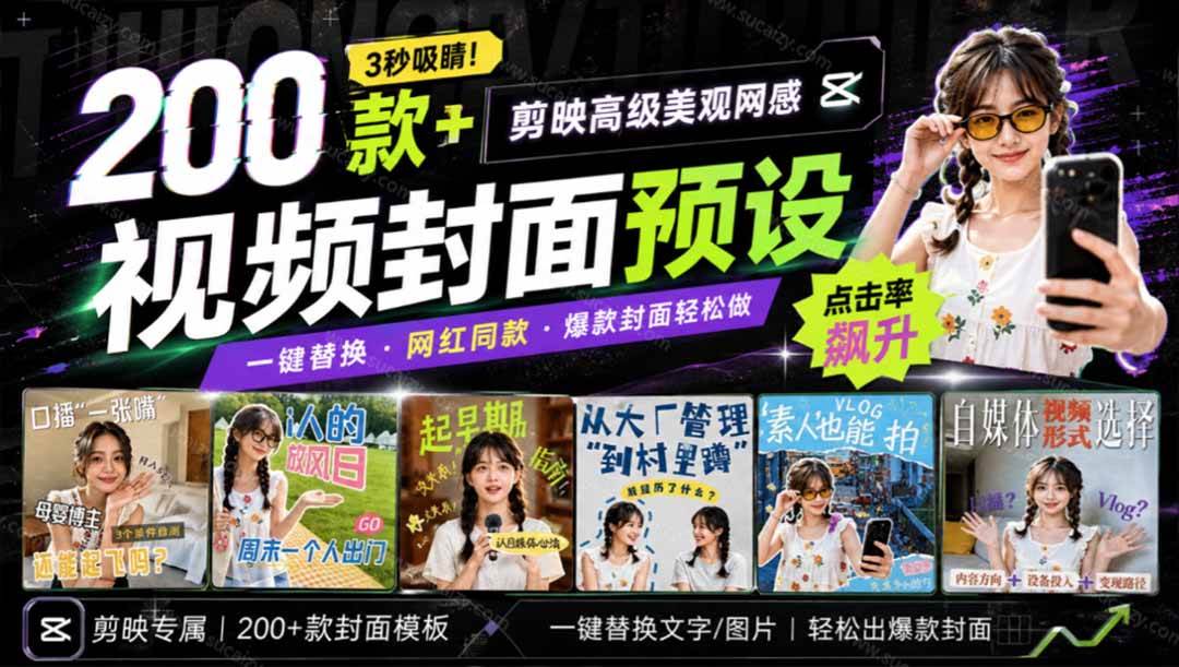 (20246期)高质量素材!200款+剪映高级美观网感封面预设,各行业通用,3s搞定超美观视频封面 爆款封面模板、-卓越网创