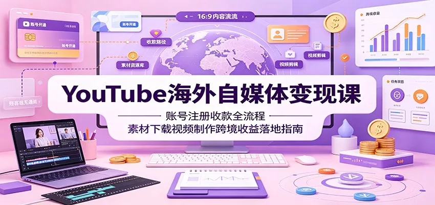 YouTube海外自媒体变现课：账号注册收款全流程，素材下载视频制作跨境收益落地指南-卓越网创
