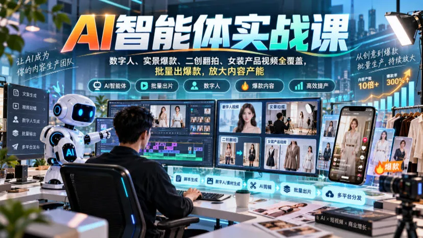 AI智能体实战课,数字人、实景爆款、二创翻拍、女装产品视频全覆盖,批量出爆款,放大内容产能 AI智能体实战课,数字人、实景爆款、二创翻拍、女装产品视频全覆盖,批量出爆款,放大内容产能