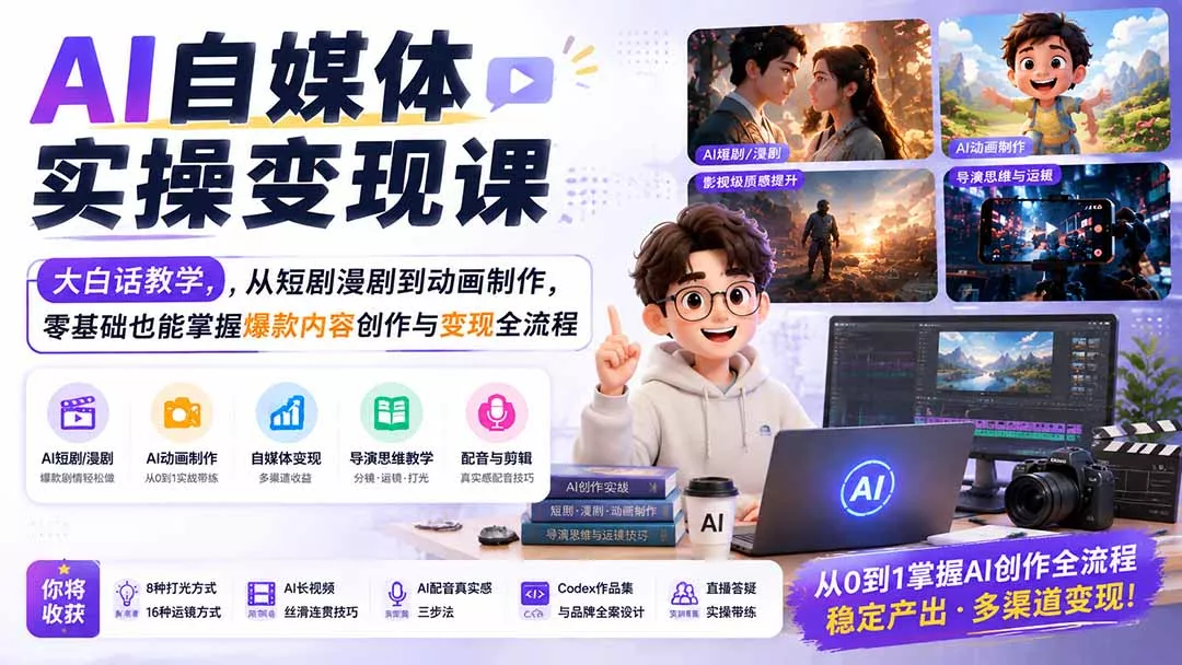 AI自媒体实操变现课｜大白话教学，从短剧漫剧到动画制作，零基础也能掌握爆款内容创作与变现全流程-卓越网创