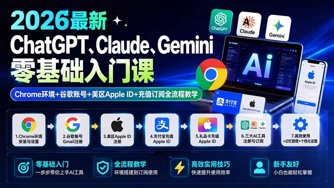 2026最新ChatGPT、Claude、Gemini零基础入门课：Chrome环境+谷歌账号+美区Apple ID+充值订阅全流程教学-卓越网创