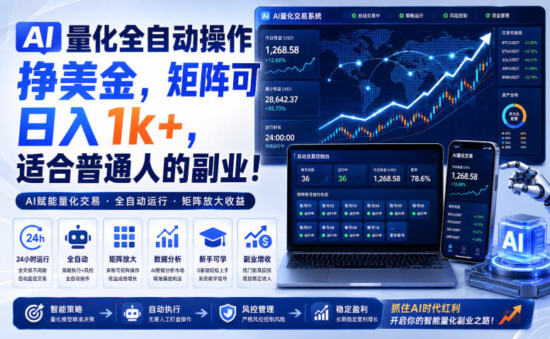 AI量化全自动操作挣美金，矩阵可日入1k+，适合普通人的副业！【揭秘】-卓越网创