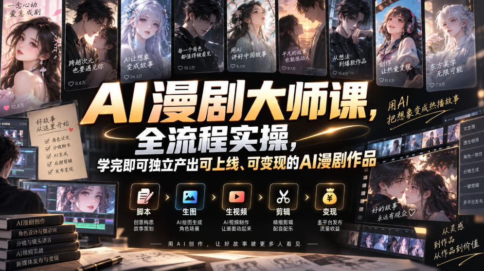 AI漫剧大师课，全流程实操，学完即可独立产出可上线、可变现的AI漫剧作品-卓越网创