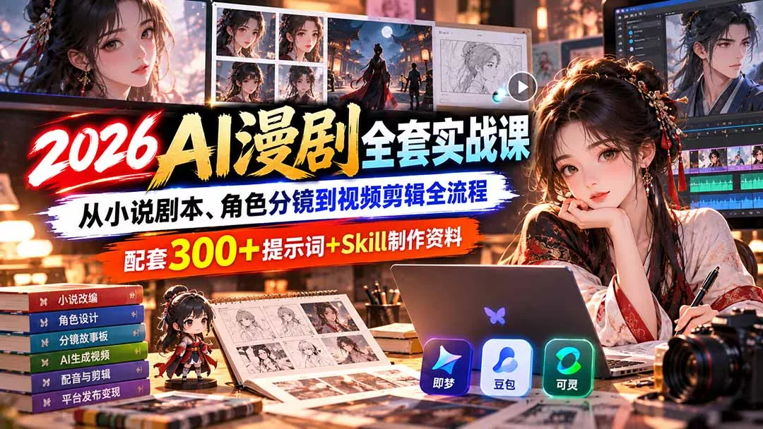【无水印】2026AI漫剧全套实战课:从小说剧本、角色分镜到视频剪辑全流程,配套300+提示词+Skill制作资料 【无水印】2026AI漫剧全套实战课:从小说剧本、角色分镜到视频剪辑全流程,配套300+提示词+Skill制作资料