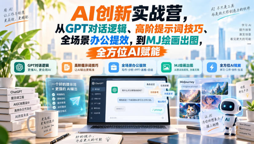 AI创新实战营，从GPT对话逻辑、高阶提示词技巧、全场景办公提效，到MJ绘画出图，全方位AI赋能-卓越网创