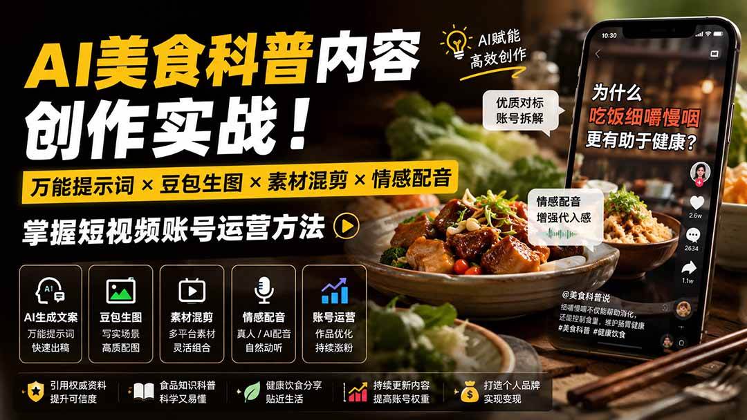 (19730期)外面卖199元-AI美食科普内容创作实战!万能提示词×豆包生图×素材混剪×情感配音,掌握短视频账号运营方法 (19730期)外面卖199元-AI美食科普内容创作实战!万能提示词×豆包生图×素材混剪×情感配音,掌握短视频账号运营方法