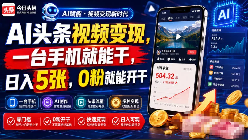 AI头条视频变现,一台手机就能干,日入5张,0粉就能开干 AI头条视频变现,一台手机就能干,日入5张,0粉就能开干