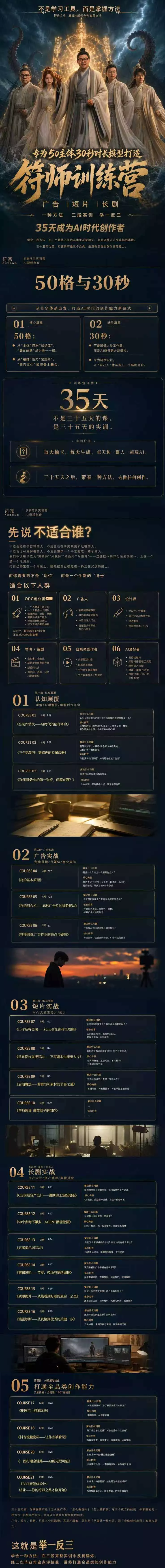 符师训练营-35天成为AI时代创作者，广告+短片+漫剧+智能体四大实战方向，掌握从创意到上线的完整工作流