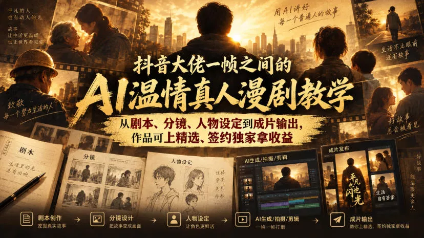 抖音大佬一帧之间的AI温情真人漫剧教学,从剧本、分镜、人物设定到成片输出,作品可上精选、签约独家拿收益-卓越网创