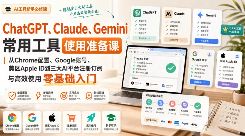 ChatGPT、Claude、Gemini常用工具使用准备课｜从Chrome配置、Google账号、美区Apple ID到三大AI平台注册订阅与高效使用零基础入门-卓越网创