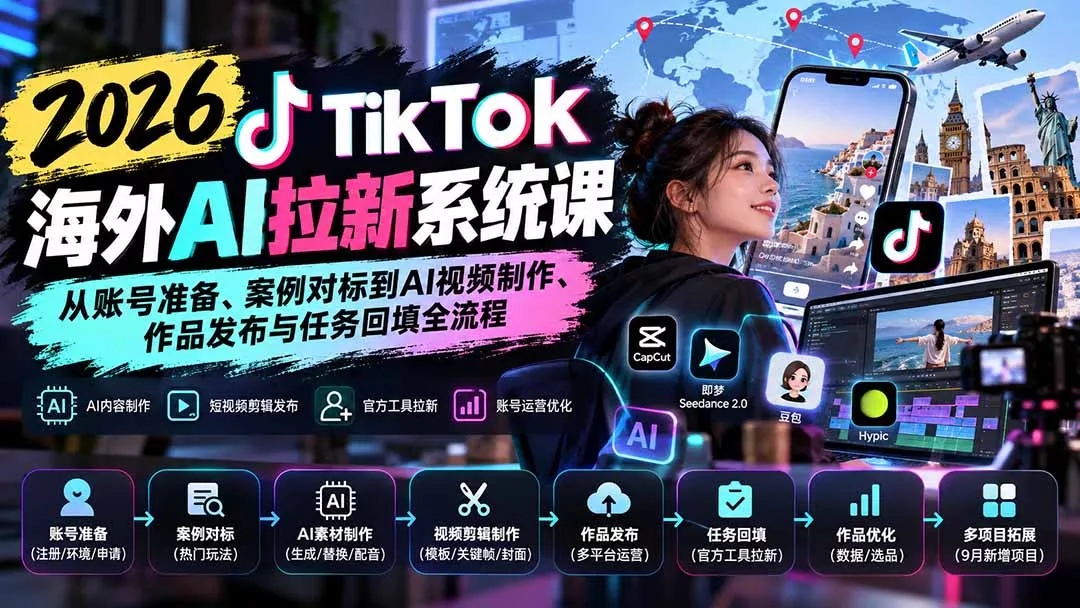 【无水印】2026 TikTok海外AI拉新系统课：从账号准备、案例对标到AI视频制作、作品发布与任务回填全流程-卓越网创