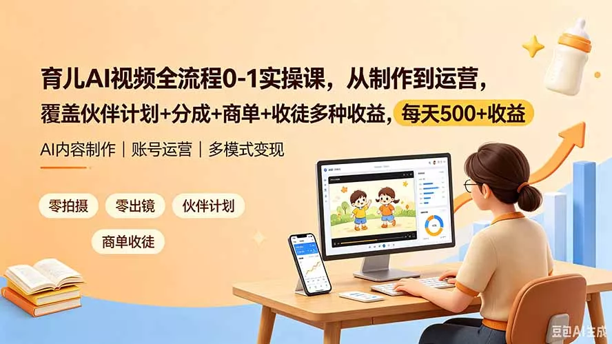 育儿AI视频全流程0-1实操课,从制作到运营,覆盖伙伴计划+分成+商单+收徒多种收益,每天500+收益 育儿AI视频全流程0-1实操课,从制作到运营,覆盖伙伴计划+分成+商单+收徒多种收益,每天500+收益