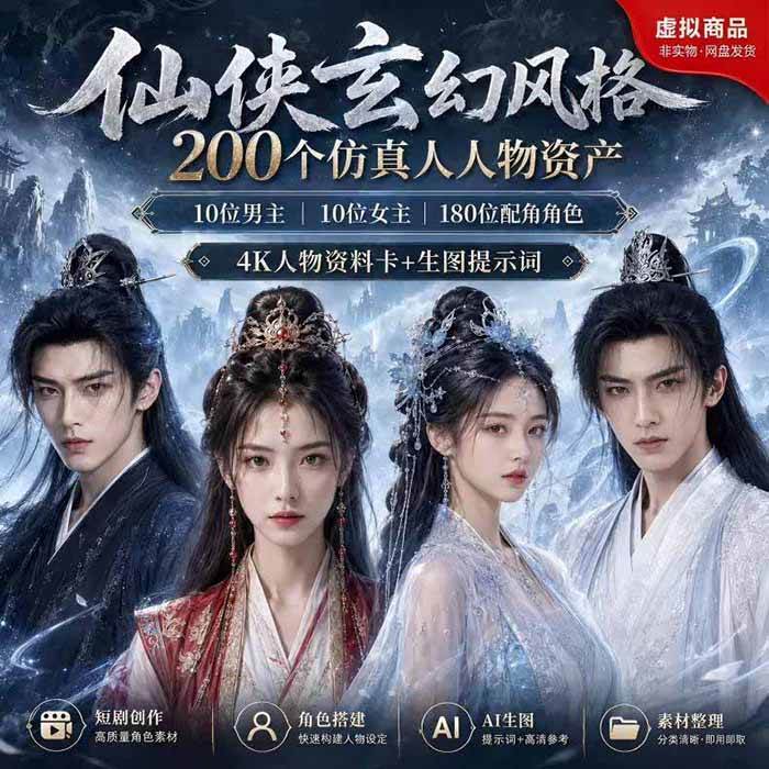 （19301期）200个仙侠玄幻仿真人素材◆10男主×10女主×180配角，4K资料卡+AI生图提示词，漫剧必备