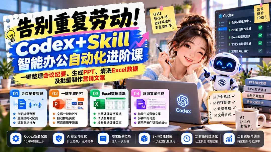 告别重复劳动！Codex+Skill智能办公自动化进阶课：一键整理会议纪要、生成PPT、清洗Excel数据及批量制作营销文案-卓越网创