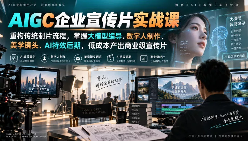 AIGC企业宣传片实战课,重构传统制片流程,掌握大模型编导、数字人制作、美学镜头、AI特效后期,低成本产出商业级宣传片-卓越网创