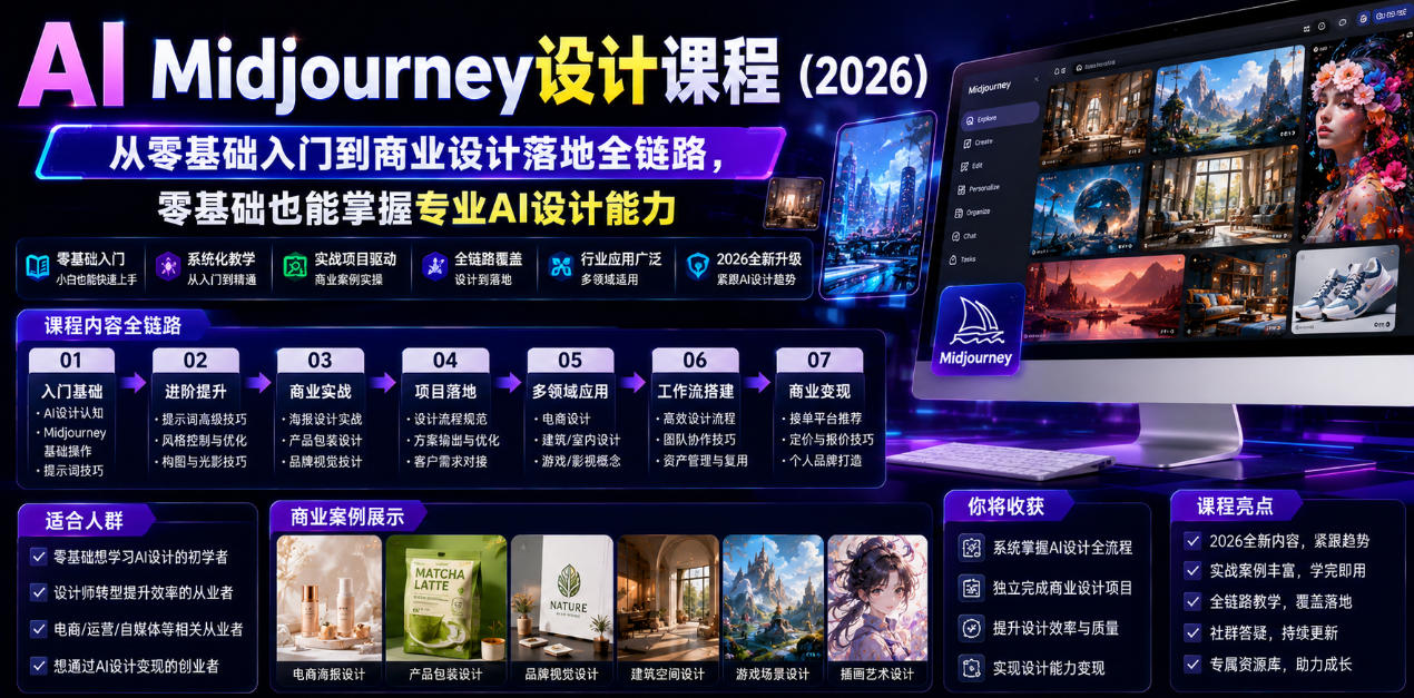 AI Midjourney设计课程(2026),从零基础入门到商业设计落地全链路,零基础也能掌握专业AI设计能力 AI Midjourney设计课程(2026),从零基础入门到商业设计落地全链路,零基础也能掌握专业AI设计能力