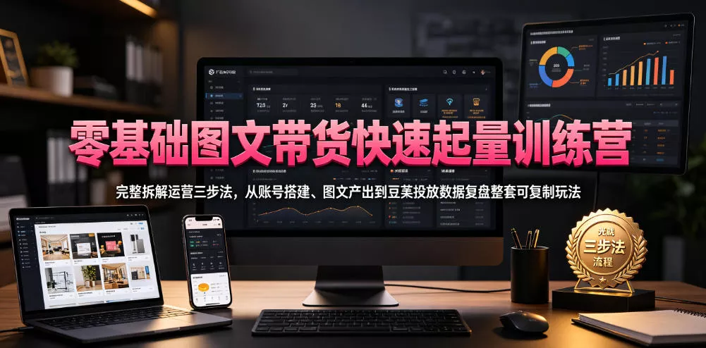 零基础图文带货快速起量训练营，完整拆解运营三步法，从账号搭建、图文产出到豆荚投放数据复盘整套可复制玩法-卓越网创