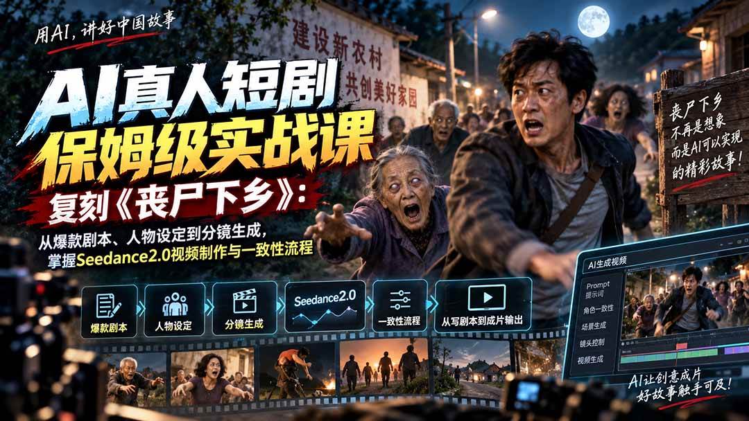 （20360期）AI真人短剧保姆级实战课，复刻《丧尸下乡》：从爆款剧本、人物设定到分镜生成，掌握Seedance2.0视频制作与一致性流程-卓越网创