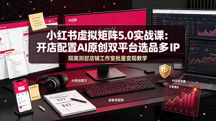 小红书虚拟矩阵5.0实战课:开店配置|AI原创|双平台选品|多IP隔离|测怼店铺工作室批量变现实操教学-卓越网创