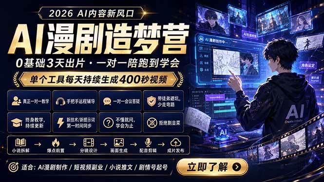 （18568期）AI漫剧造梦营：0基础3天出片，单个工具每天持续生成400秒视频-卓越网创