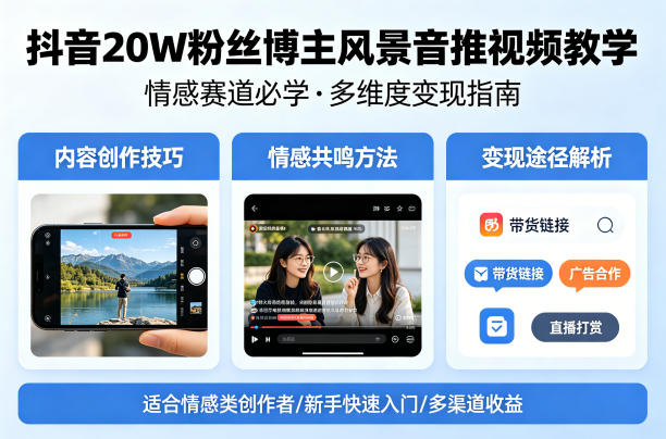 抖音20W粉丝博主风景音推视频教学,情感赛道必学,各种变现途径 抖音20W粉丝博主风景音推视频教学,情感赛道必学,各种变现途径
