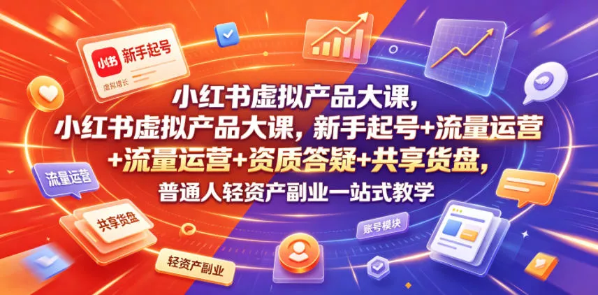 小红书虚拟产品大课，新手起号+流量运营+资质答疑+共享货盘，普通人轻资产副业一站式教学-卓越网创