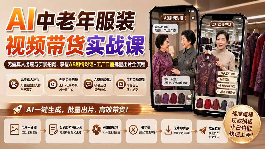 AI中老年服装视频带货实战课:无需真人出镜与实景拍摄,掌握AB剧情对话+工厂口播批量出片全流程 AI中老年服装视频带货实战课:无需真人出镜与实景拍摄,掌握AB剧情对话+工厂口播批量出片全流程