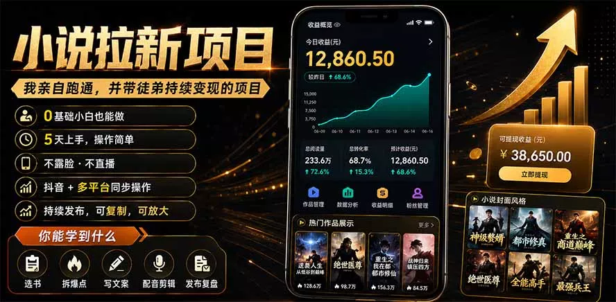 抖音及多平台小说拉新项目：我亲自跑通并持续带徒弟实操｜0基础小白5天上手快速变现-卓越网创