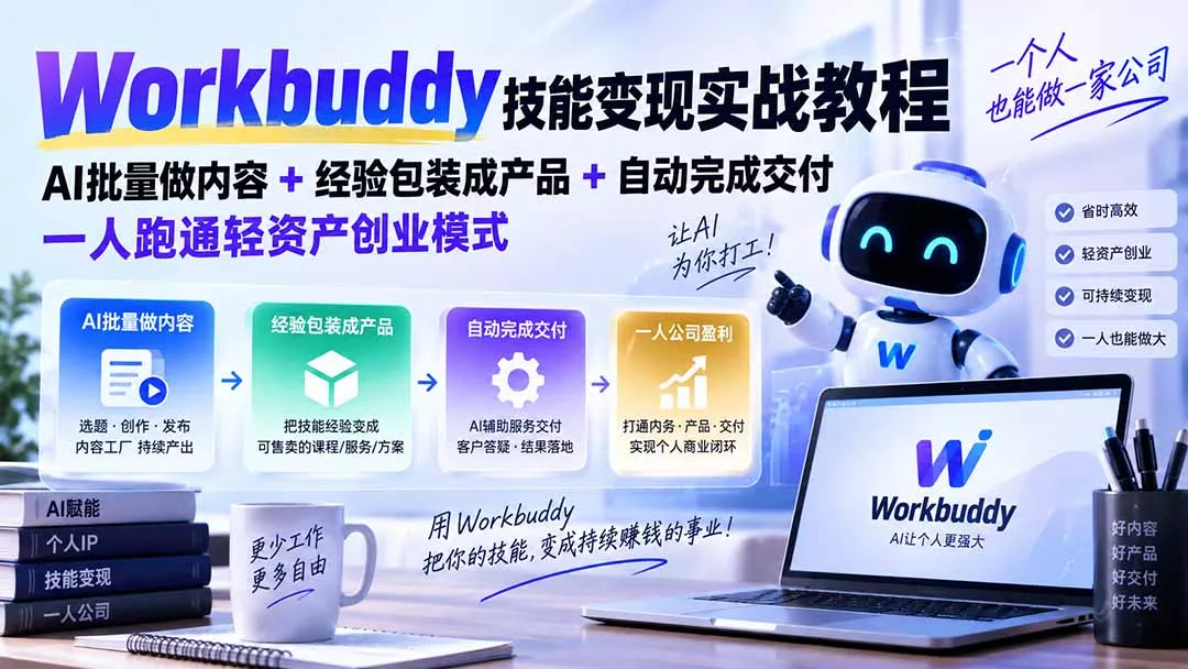 Workbuddy技能变现实战教程：AI批量做内容+经验包装成产品+自动完成交付，一人跑通轻资产创业模式-卓越网创