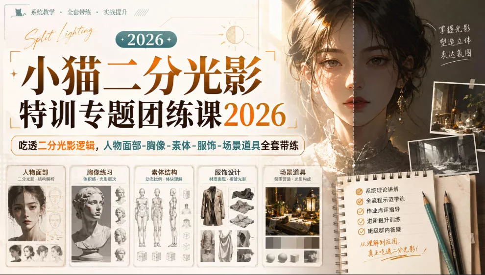 小猫二分光影特训专题团练课2026｜吃透二分光影逻辑，人物面部‑胸像‑素体‑服饰‑场景道具全套带练，高清画质附赠课件与笔刷-卓越网创