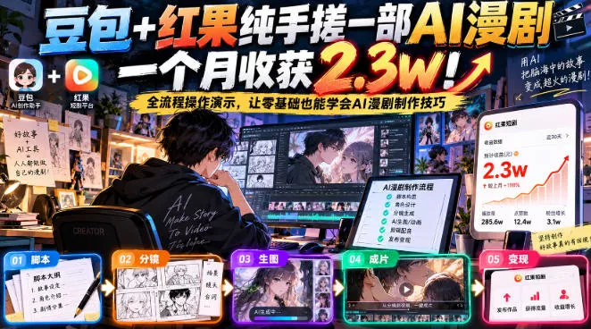 豆包+红果纯手搓一部AI漫剧一个月收获2.3w!全流程操作演示,让零基础也能学会AI漫剧制作技巧 豆包+红果纯手搓一部AI漫剧一个月收获2.3w!全流程操作演示,让零基础也能学会AI漫剧制作技巧
