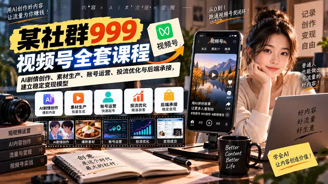 【无水印】某社群999视频号全套课程:AI剧情创作、素材生产、账号运营、投流优化与后端承接,建立稳定变现模型 【无水印】某社群999视频号全套课程:AI剧情创作、素材生产、账号运营、投流优化与后端承接,建立稳定变现模型