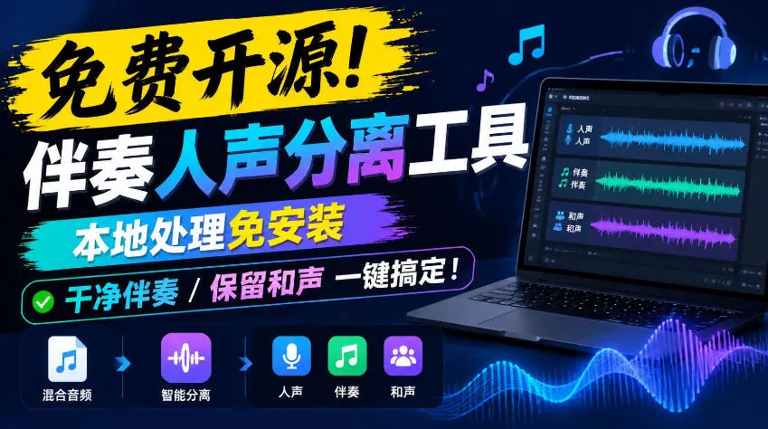 免费开源！伴奏人声分离工具，本地处理免安装，干净伴奏，保留和声一键搞定！-卓越网创